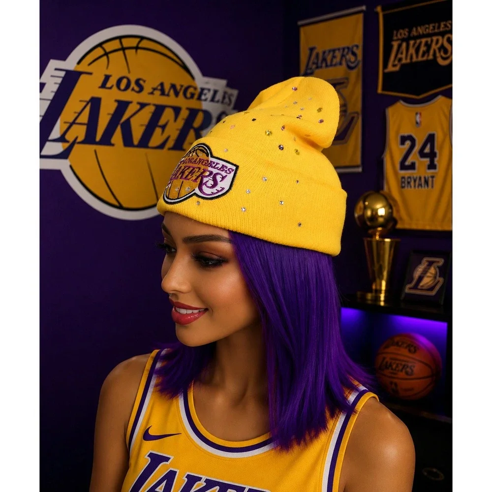 Los Angeles Lakes Yellow Beanie design with logo‎ and rhinestones